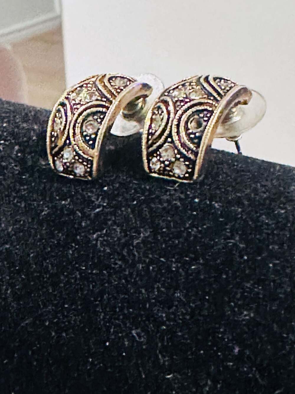 Silver Tone Scroll Filigree Crystal J-Hoop Earrings